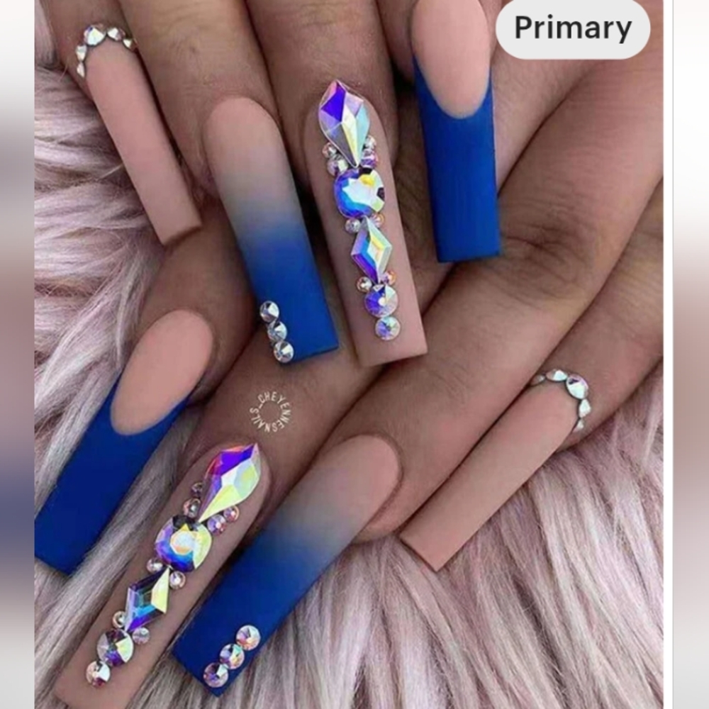 Blue and Nude Rhinestone Nail Set